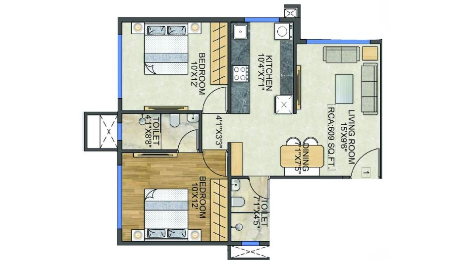 Modis-Rashmi-Signature-Floor-Plan-GH3-2 BHK-609 Sqft